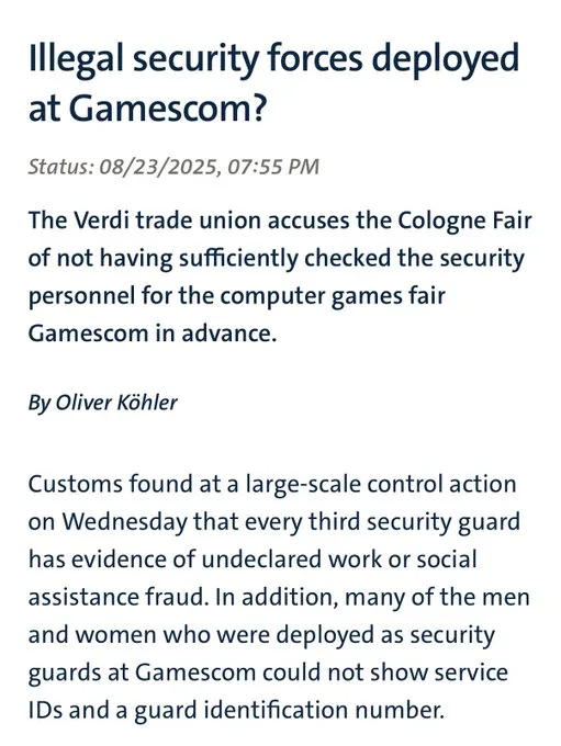 WDR's 2025 report questioning whether illegally deployed security personnel worked at Gamescom WDR's 2025 report questioning whether illegally deployed security personnel worked at Gamescom