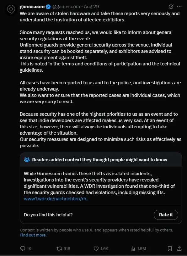 Gamescom's official statement about stolen hardware and venue security Gamescom's official statement about stolen hardware and venue security