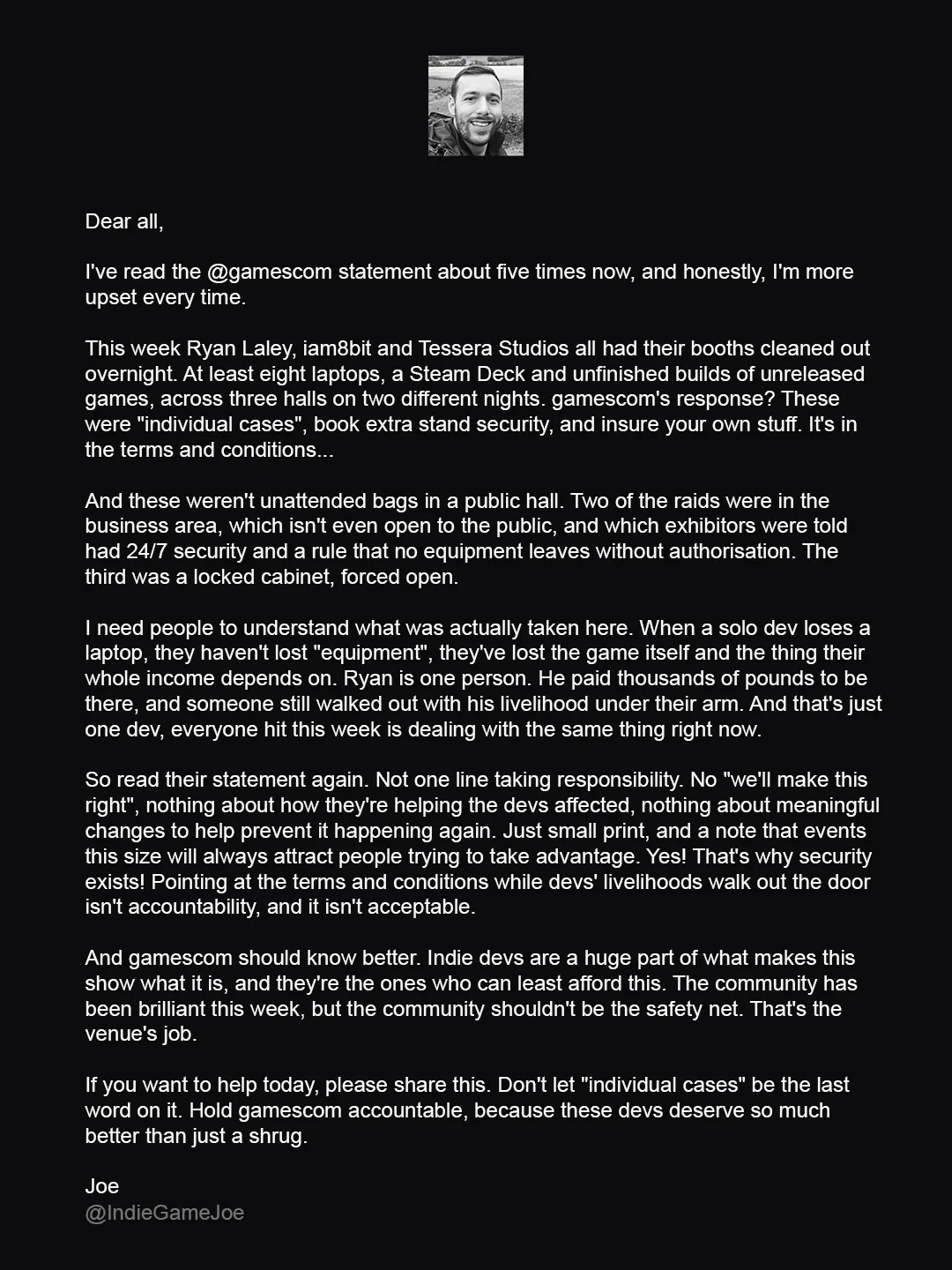 IndieGameJoe's response criticizing Gamescom over the reported equipment thefts IndieGameJoe's response criticizing Gamescom over the reported equipment thefts