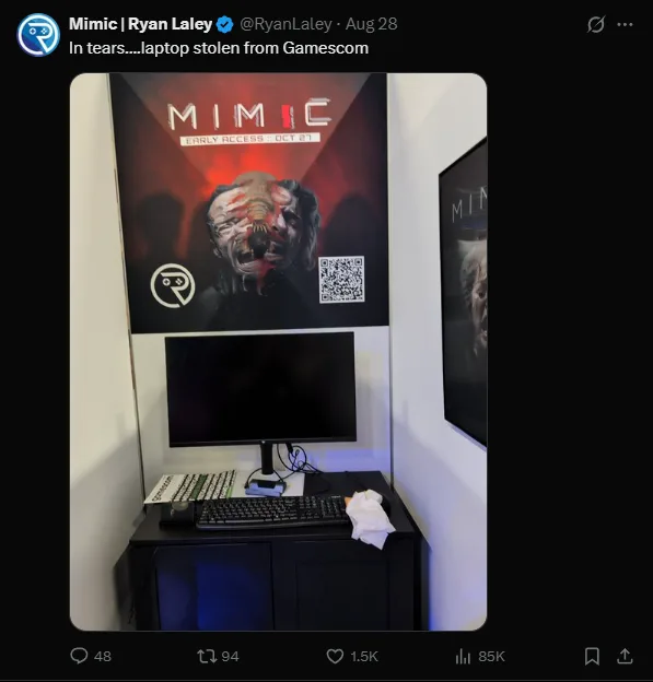 Ryan Laley's Mimic booth at Gamescom after laptops were reported stolen Ryan Laley's Mimic booth at Gamescom after laptops were reported stolen